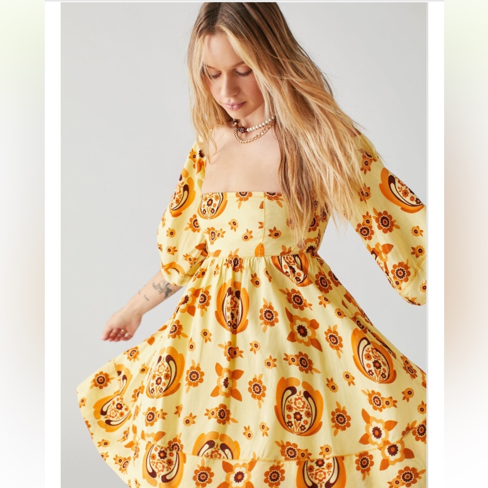 UO Caterina Linen Off-The-Shoulder Mini Dress Yellow Floral